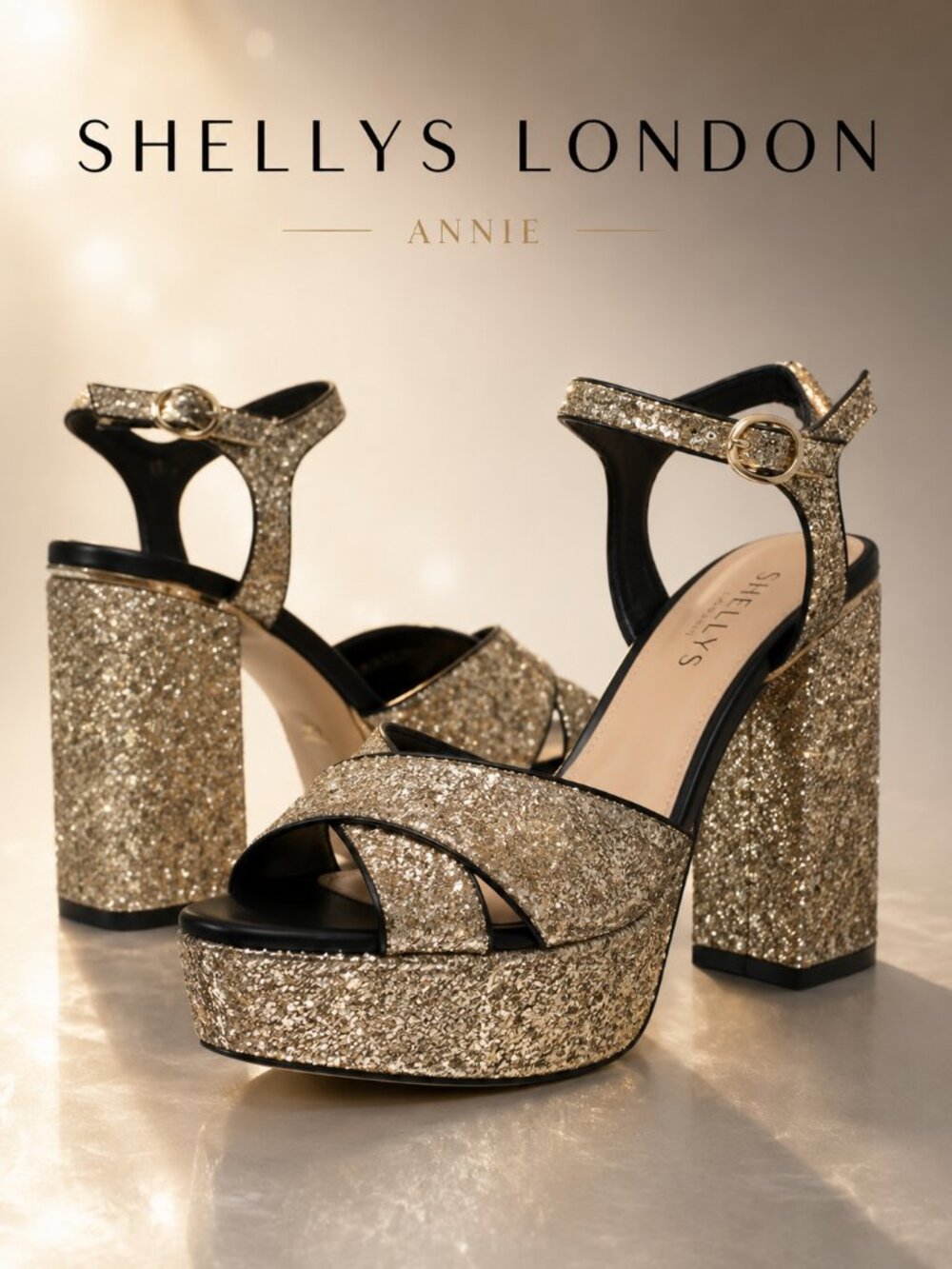 Shellys London Annie Gold Glitter Platform Sandals Size 7.5 Block Heel Ankle Str